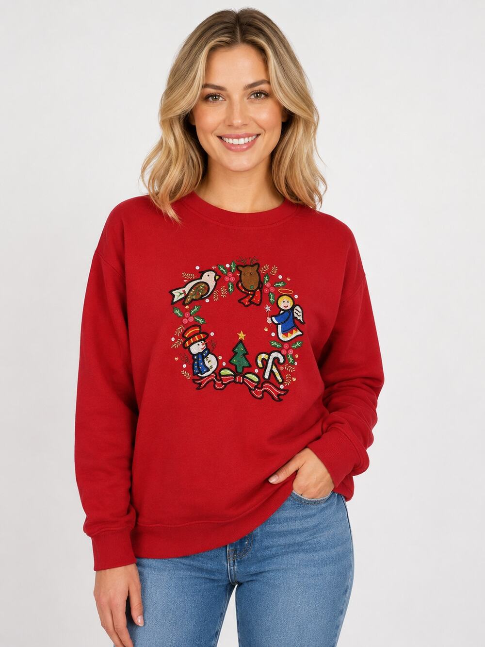 Designers Originals Ugly Christmas Sweatshirt Womens Size XL Red Angel Snowman